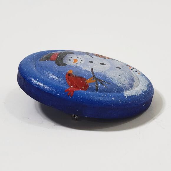 Snowman & Cardinal Hand Painted Wood Pin Signed N. Kirrane - Picture 2 of 3